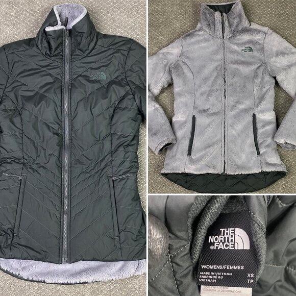 The North Face Mossbud Reversible Jacket Parka Womens XS Black Gray Fuzzy Fleece - Picture 1 of 15